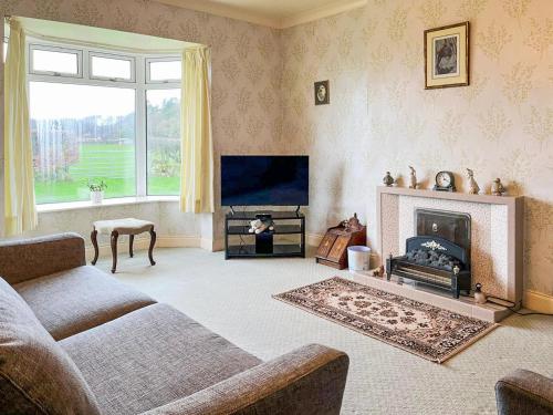 a living room with a couch and a fireplace at Paddock Cottage in Morpeth