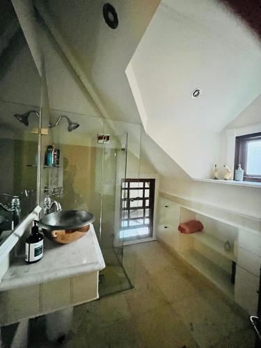 a bathroom with a sink and a glass shower at The Haven Cottage Point Sydney in Cowan
