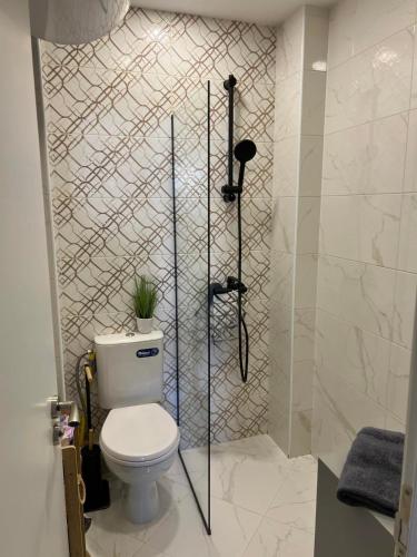 a bathroom with a toilet and a shower at Luxury flat 2 in Pleven