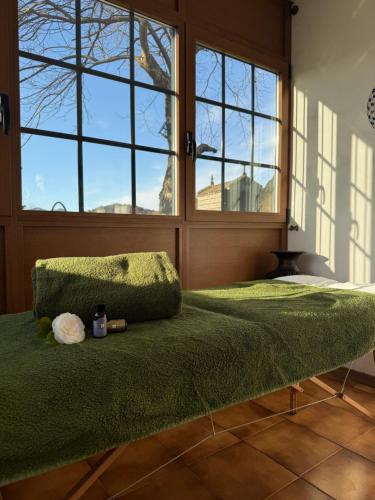 a bedroom with a green bed with windows at Hotel Rural VN Tenorio in Pontevedra