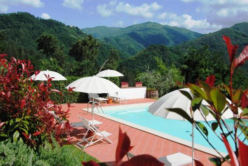 a swimming pool with umbrellas and a view of mountains at Agriturismo Tenuta La Fratta in Bagni di Lucca