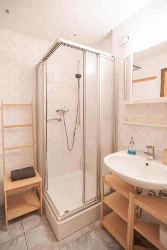 a bathroom with a shower and a sink at Le Tracouet - Central et cosy studio in Nendaz