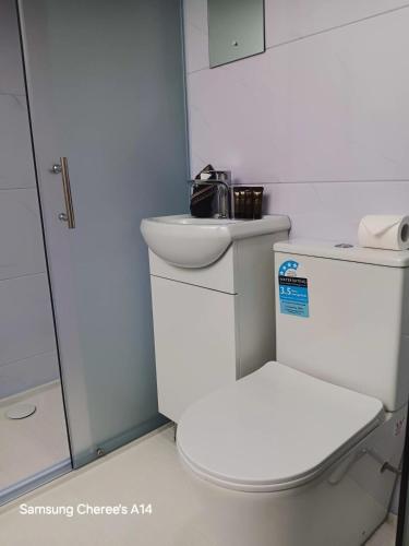 a white bathroom with a sink and a toilet at The Flat 28B on Ordnance in Lithgow