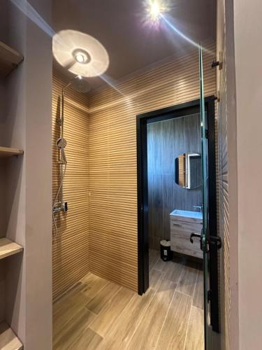 a bathroom with a shower and a sink at Anestis Studios in Lidia