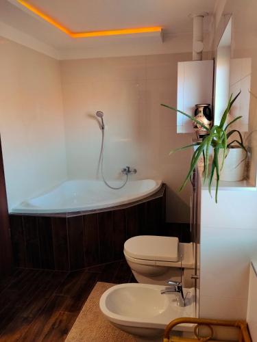 a bathroom with a tub and a toilet and a sink at Italia House in Fót