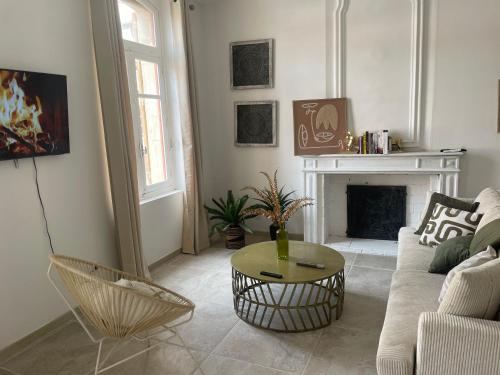 a living room with a couch and a fireplace at Appartement avec mini suite vue Cathédrale in Cavaillon
