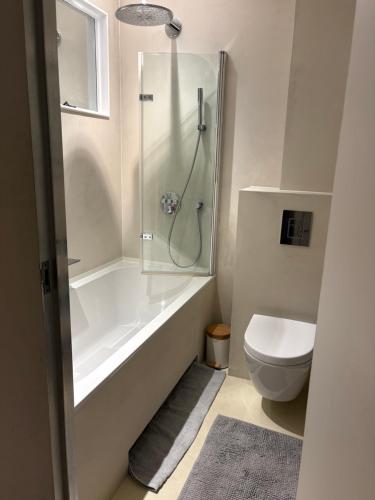a bathroom with a shower and a toilet at Appartement in Stadsdeel West in Amsterdam
