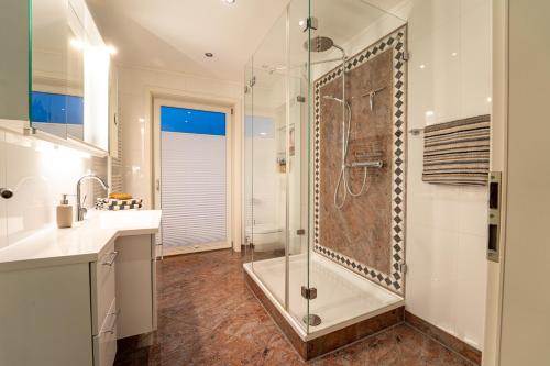 a bathroom with a shower and a sink at FeWo-Tannenriede in Braunschweig