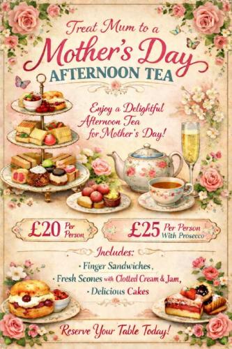 a flyer for a mothers day afternoon tea at The North Cliff Hotel in Lynton
