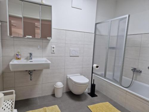 a bathroom with a toilet and a sink and a shower at Ama - viel Platz, großer Balkon, barrierearm in Bad Kissingen