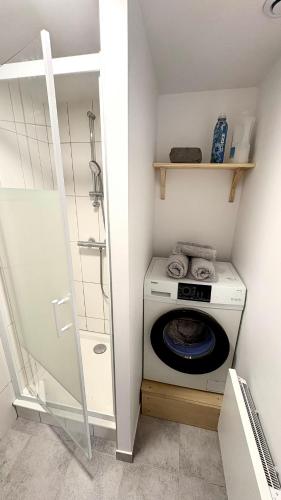 a washer and dryer in a small room at Le Duplex du Pont in Auxerre