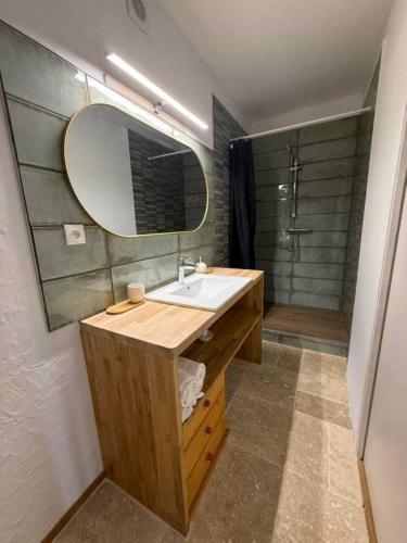a bathroom with a sink and a mirror and a shower at Domaine de Beaufort in Saint-Front-de-Pradoux