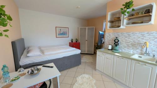 a room with a bed and a kitchen with a sink at Harmonie im Grünen-Erdgeschoss-Ferienwohnung mit eigenem Eingang und direktem Gartenzugang in Wathlingen