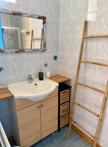 a bathroom with a sink and a ladder at Chambre d´hôtes La Jonchère in Les Herbiers