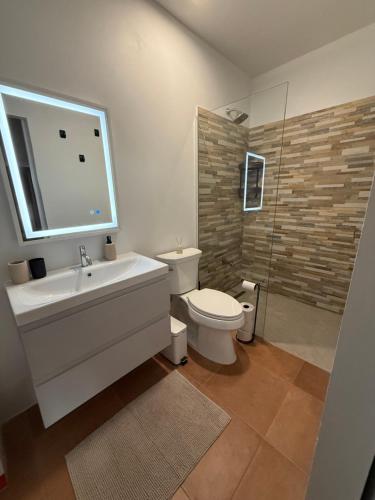 a bathroom with a white sink and a toilet at Loveli Stay Aruba in Oranjestad