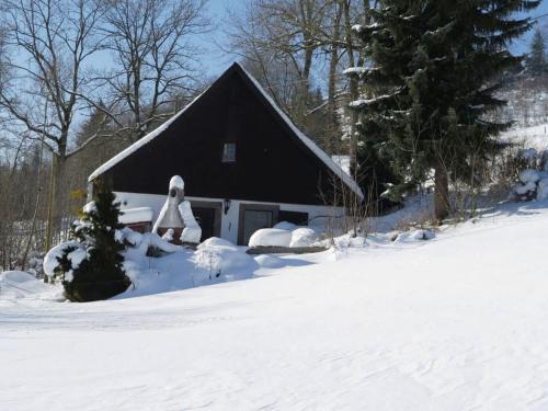 una casa cubierta de nieve delante en Holiday home with terrace in the Black Forest, en St. Georgen im Schwarzwald