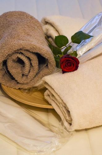 a red rose sitting on a plate with towels at Casa Sole - holiday apartment in Maccagno Superiore