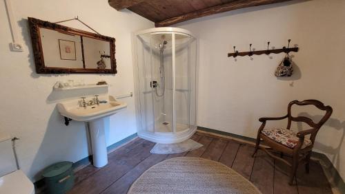 a bathroom with a shower and a sink and a toilet at Maison Emile Teissier in Vébron
