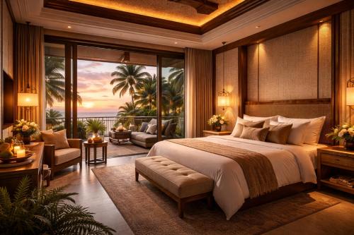 a bedroom with a bed and a view of the ocean at Travellers Story Baga GOA in Baga