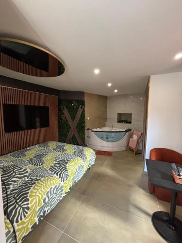 a bedroom with a bed and a tub in a room at esperanza in Vizille