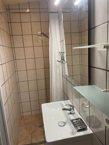 a small bathroom with a sink and a shower at Chioselle in Chiatra