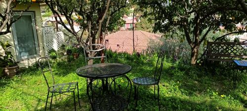 une table et des chaises dans l'herbe dans une cour dans l'établissement Belvédère, à Menton