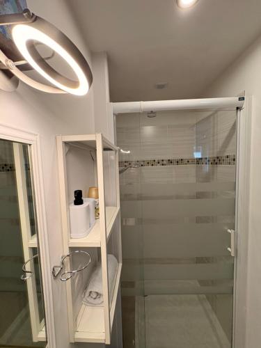a bathroom with a shower and a glass shower stall at Appartement Duplex The Lighthouse in Châteaulin
