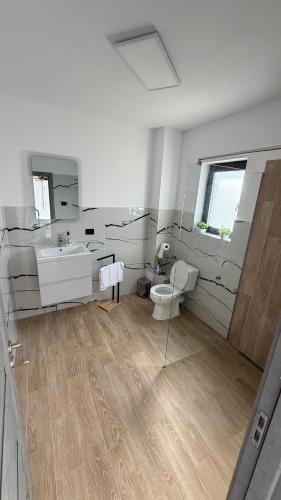 a white bathroom with a toilet and a sink at Casa Blanca in Caransebeş