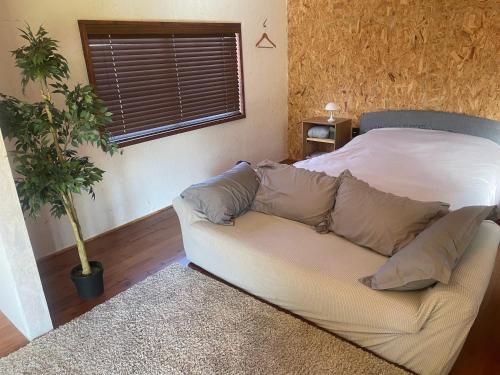 a couch in a living room with a bed at Hokkoma Aso Quiet Private cottage 1棟貸しコテージ南阿蘇 in Aso