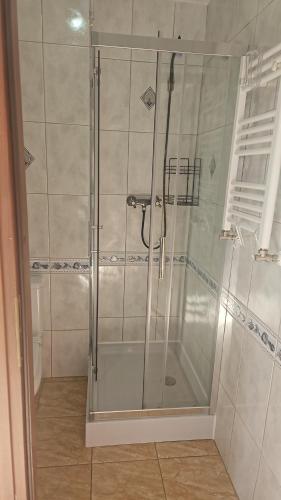 a shower with a glass door in a bathroom at Cichy Zakątek in Bobolin