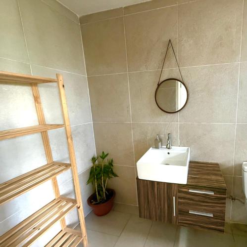 a bathroom with a sink and a mirror at Ensuite Room in a shared apartment with pool in Albion