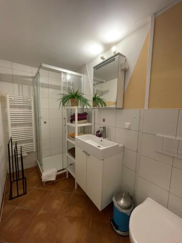 a bathroom with a white sink and a toilet at FeWo Renken in Trassenheide