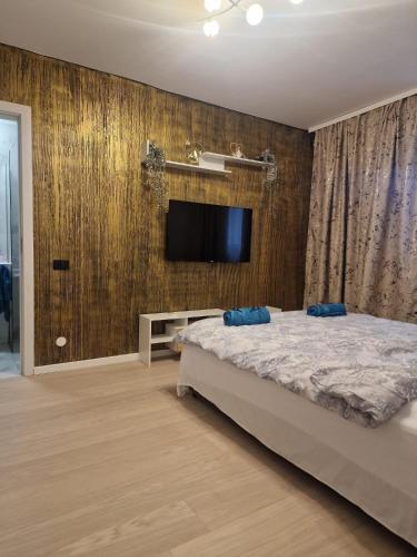 a bedroom with a bed and a flat screen tv at Studio Maria in Bucharest
