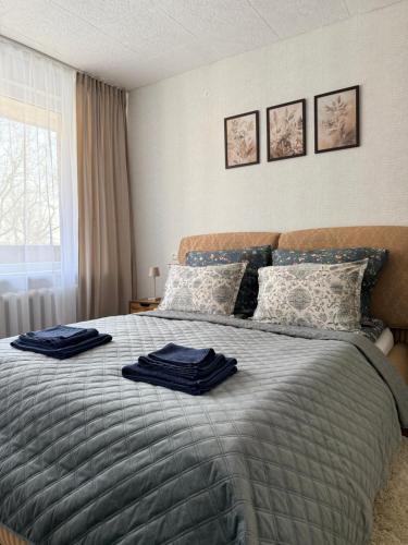 a bedroom with a bed with two towels on it at Parko apartamentai Kretinga in Kretinga
