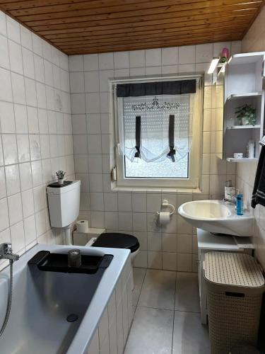 a bathroom with a sink and a toilet and a tub at Haus Anna in Oberdachstetten