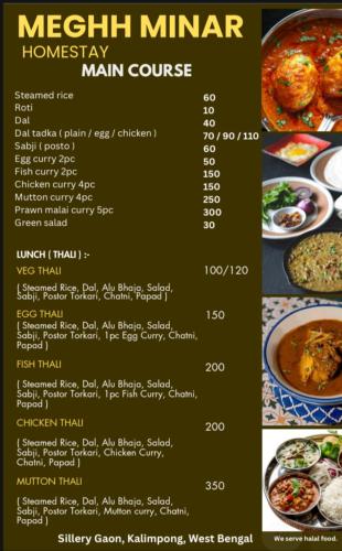 a menu for a menu marrowhaarhaarhaarmi main course at Meghh Minar Homestay Sillery Gaon in Kalimpong