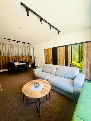 a living room with a couch and a table at Apartmány Stagnum Liptovský Ján in Liptovský Ján