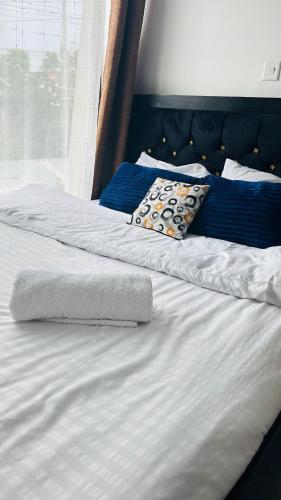 two beds with white sheets and blue pillows at SympaHome in Kiambu