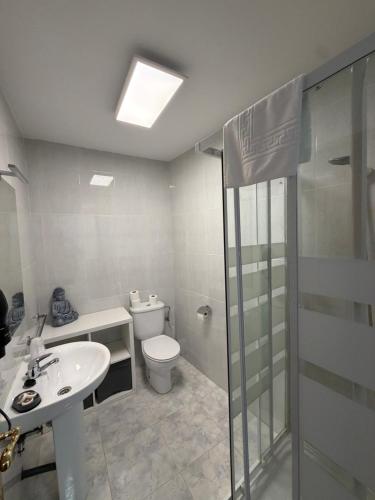 a bathroom with a toilet and a sink and a shower at Casa de Fernando in Treacastela