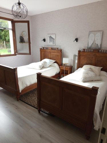 a bedroom with two beds and a mirror at le gite de margot in Beyssac