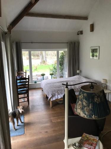 a dog standing in a room with a bed at Pré du Tour in Érezée