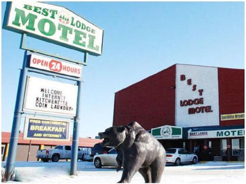 uma estátua de um cão parado em frente a um motel em Best Lodge Motel em Lloydminster