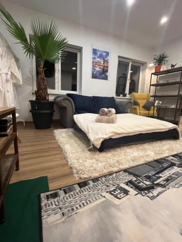 a living room with a bed and a couch at Million Gold Gdańsk in Gdańsk