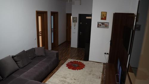 a living room with a couch and a rug at Apartament 2 camere SIBIU-SELIMBAR in Şelimbăr