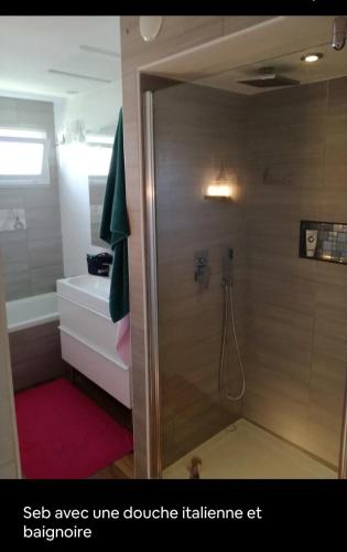 a bathroom with a shower with a tub and a sink at Porte de Paris in Saclay
