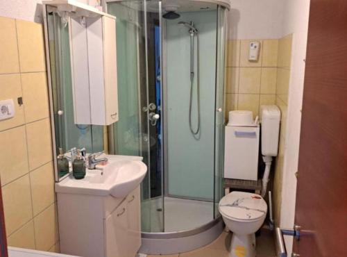 a bathroom with a shower and a sink and a toilet at Stomorska Seaside Apartments in Stomorska