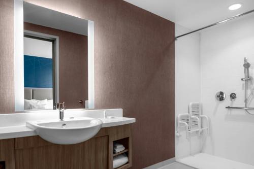 a bathroom with a sink and a mirror and a shower at SpringHill Suites Winchester in Winchester