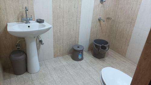 a bathroom with a sink and a toilet and a trash can at New shalimar dal view in Srinagar