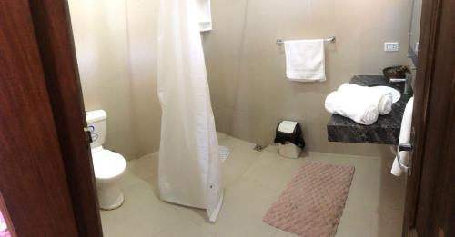un bagno con un water e una tenda da doccia di Looking Samaipata a Samaipata