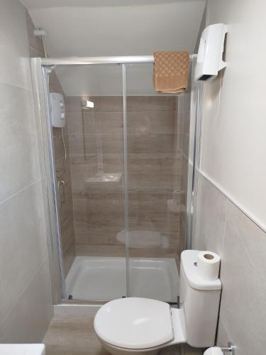a bathroom with a shower and a toilet and a tub at Aran View Loft in Knockfin Cross Roads